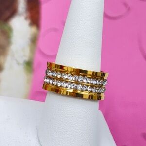 Sofi Stainless Steel Triple-Band Cuff Ring – Gold Finish & Rhinestone Detail